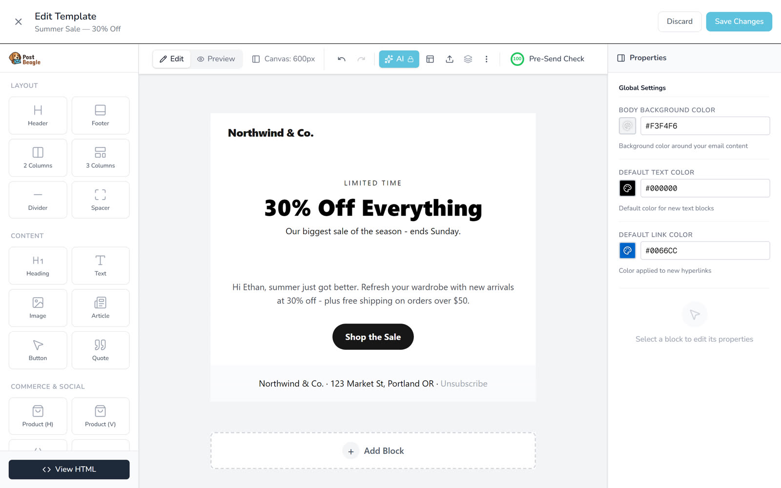The PostBeagle email builder with a Pre-Send Check score of 100 shown above the campaign being composed