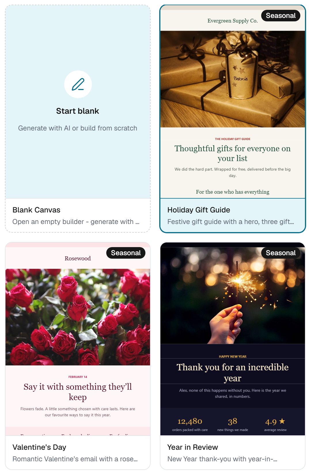 A few of the new seasonal templates in PostBeagle's template gallery: a holiday gift guide, a Valentine's Day email and a year-in-review