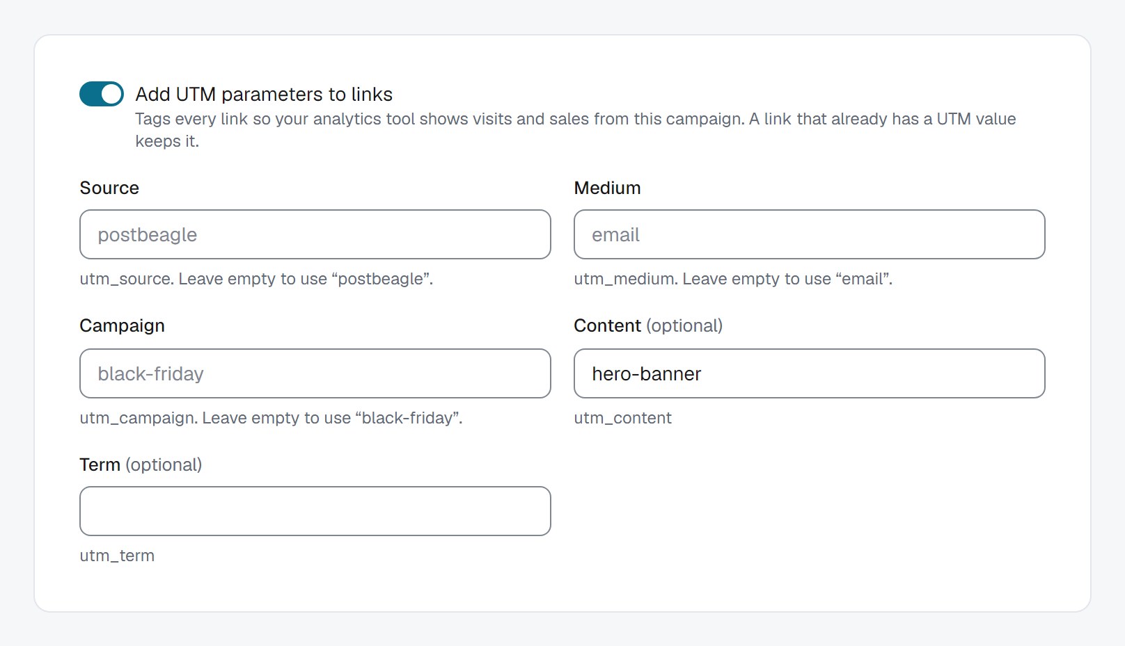 The "Add UTM parameters to links" setting turned on, with postbeagle, email and black-friday filled in as defaults